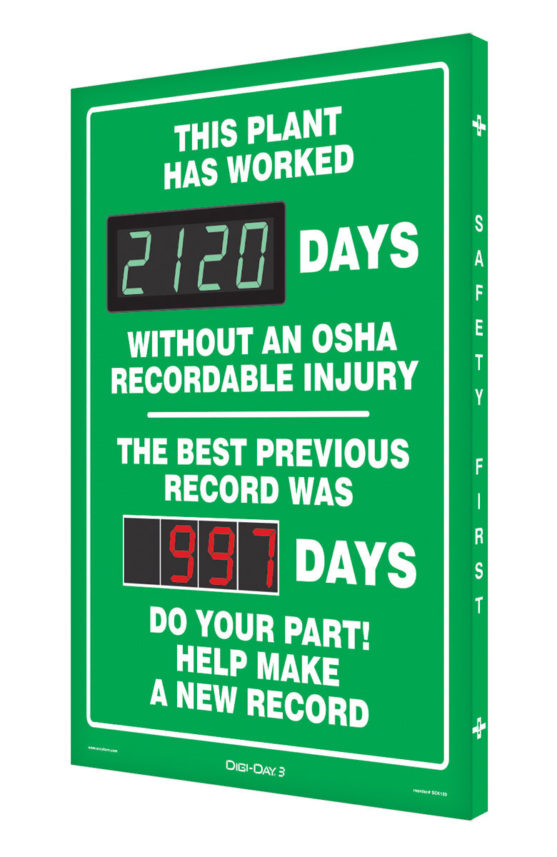 Accuform® 28" X 20" X 2" White And Green Aluminum DIGI-DAY® Safety Scoreboard "THIS PLANT HAS WORKED ____ DAYS WITHOUT A LOST TIME ACCIDENT THE BEST PREVIOUS RECORD WAS ____ DAYS DO YOUR PART HELP MAKE A NEW RECORD"