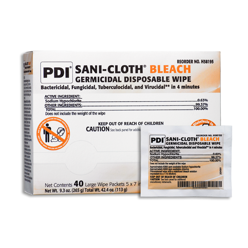 PDI SANI-CLOTH BLEACH GERMICIDAL DISPOSABLE WIPE- BOX OF 40 LARGE WIPE PACKETS