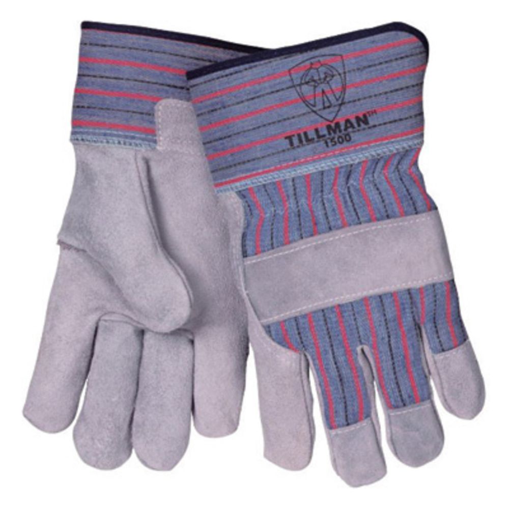Tillman Large Blue, Red And Gray Leather Palm Gloves With Canvas Back Rubberized Safety Cuff And Knuckle Strap