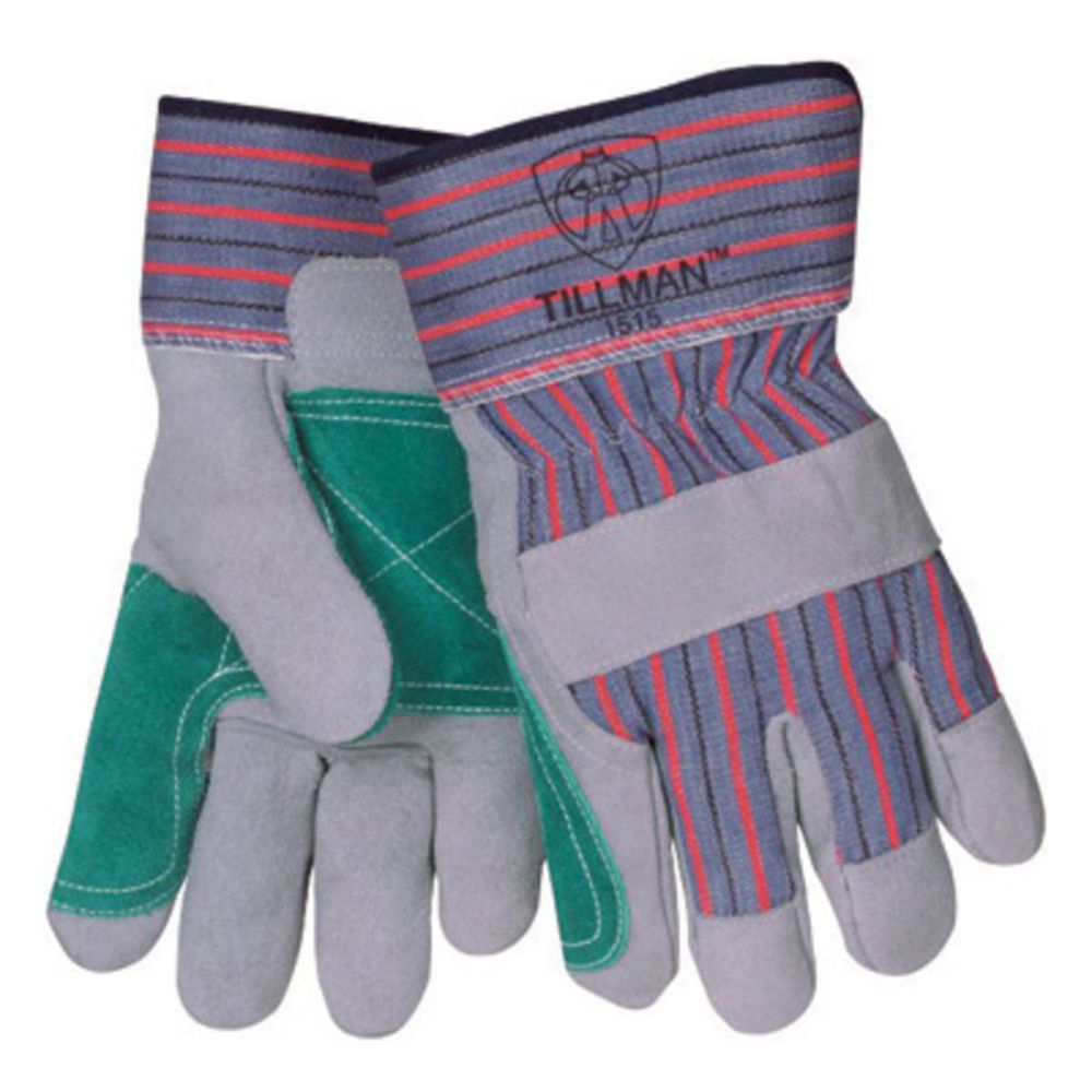 Tillman Large Blue, Red, Gray And Green Double Leather Palm Gloves With Canvas Back, Rubberized Safety Cuff And Knuckle Strap