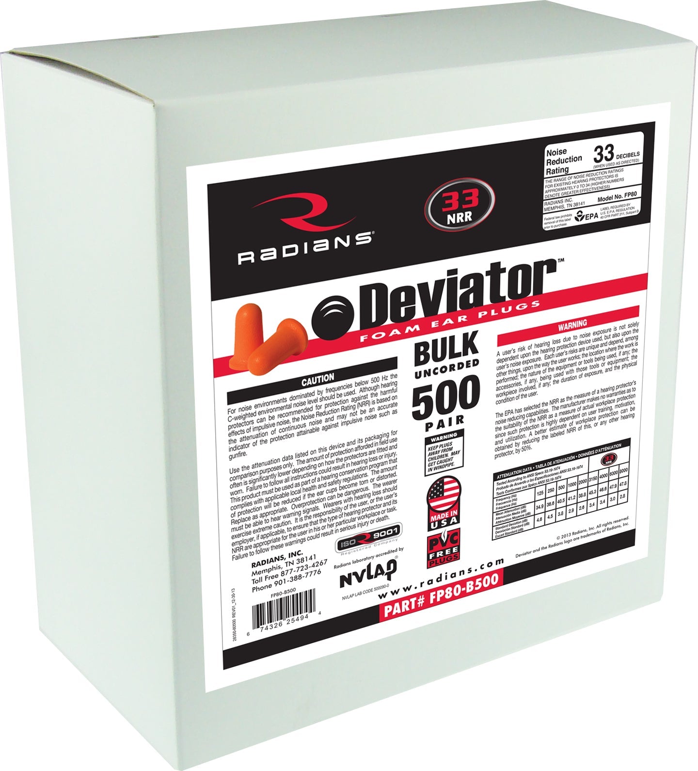 Radians Deviator® Foam Uncorded Earplug Dispenser Refill - 500 Pair