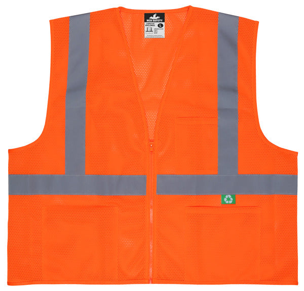 MCR Safety Recycled Mesh Vest,Orange,Class 2,Zip L