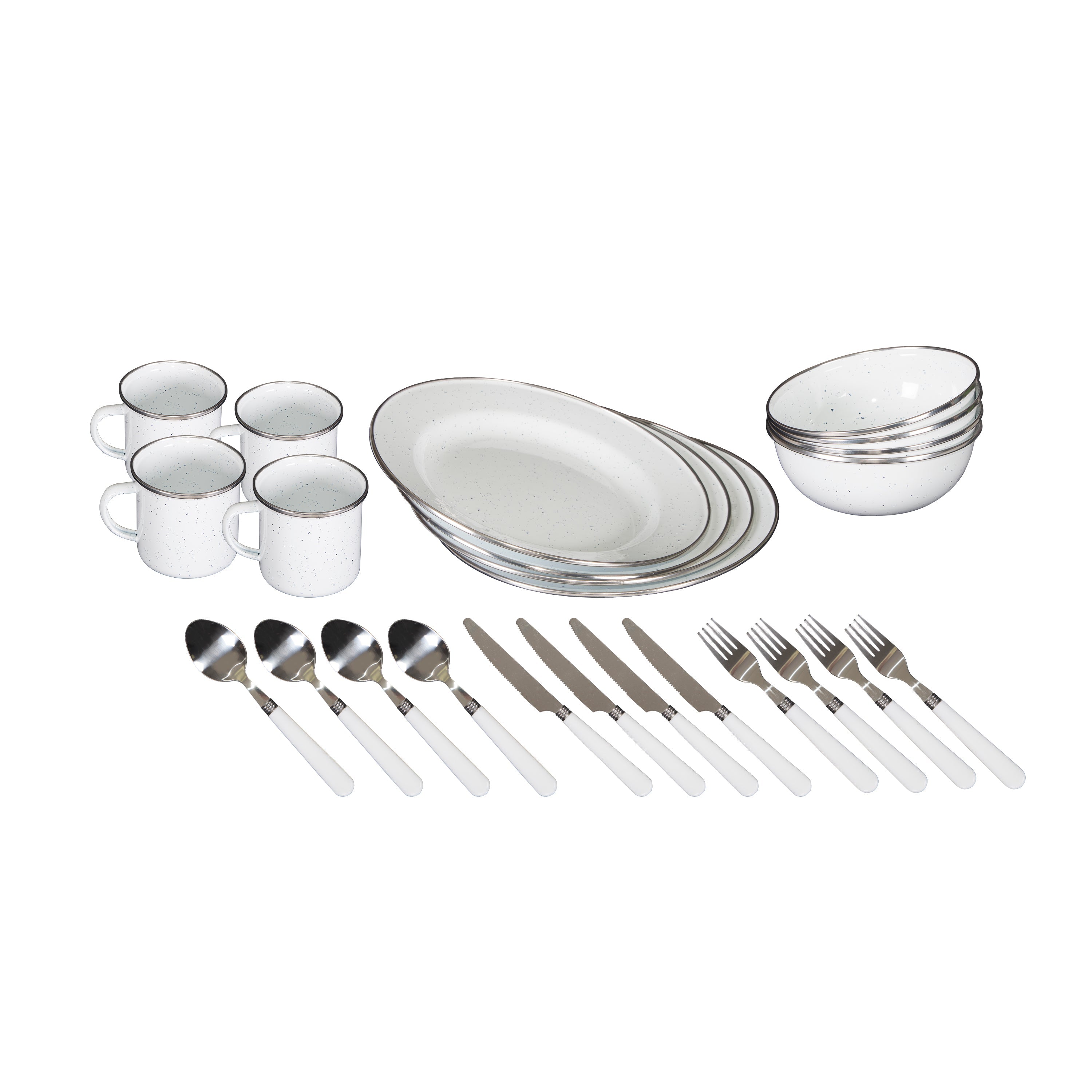 Enamel Camping Tableware Set-24 Pieces-White With Blue Specs