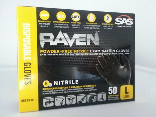 SAS Raven 6 Mil Nitrile Powder-Free Disposable Gloves — 50 gloves per box, Black, ASTM D6978 rated