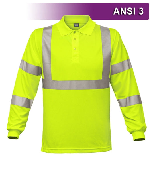 Safety Polo: Hi Vis Polo: Long Sleeve Lime Birdseye: ANSI 3