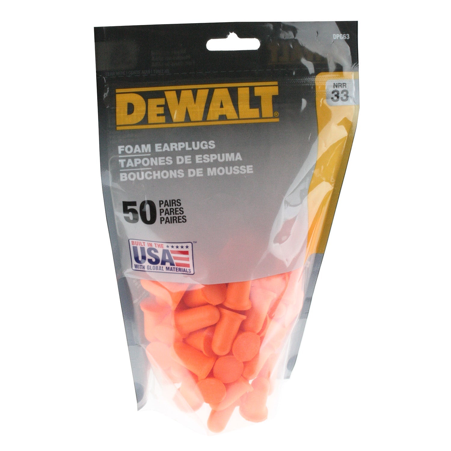 DEWALT DPG63 Orange Bell NRR33 Foam Earplugs - Uncorded - 50 Pair Resealable Bag